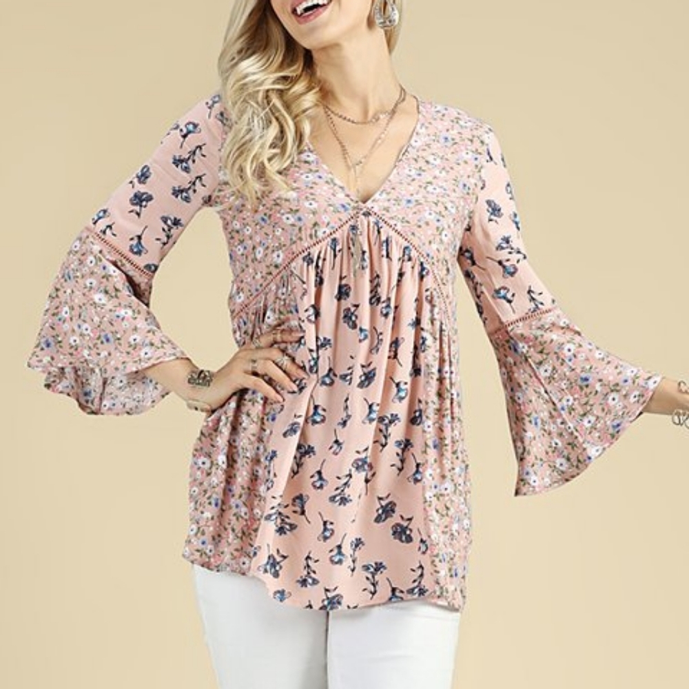 NEW Suzanne Betro Pink Floral Bell Sleeve Boho Top